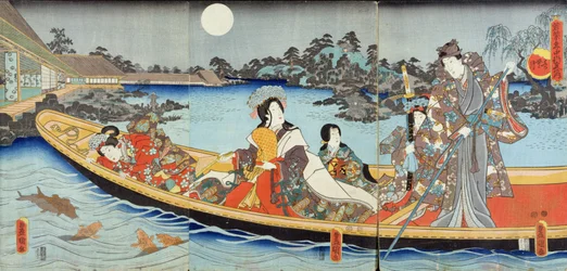 Tríptico que representa a un príncipe, una princesa y damas de la corte navegando en un estanque de jardín bajo una luna llena en junio, probablemente del 